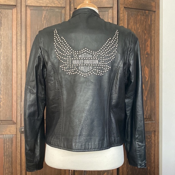 Black smooth grain leather jacket, Harley Davidson, sz L - Picture 2 of 14